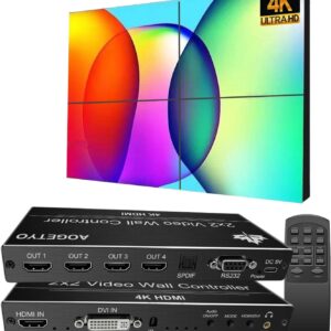 Video Wall Controller,HDMI & DVI 4k Input Makes 4 TV Screens Into 1 Wall Display, 180° Rotate, Extra Audio, IR Remote &RS232+Button Press Control, Video Wall Controller 2x2 4k 1x2,1x3,1x4,2x1,3x1x4x1