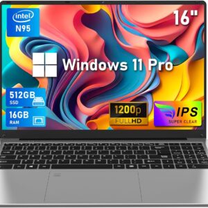 16 Inch Laptop Computer, Gaming Laptop, 16GB RAM 512GB SSD, N95 Processor, FHD 1920 * 1200, 180 Angle Open, Backlit Keyboard, Windows 11 Pro, Fingerprint Unlock, BT 4.2, WiFi 5