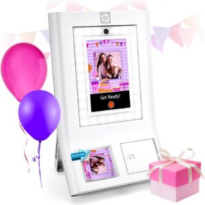 HP Sprocket Photo Booth Machine Instant Color Photo Printer - 10.1" Touchscreen, LED Ring Light - Customize w/250+ Fun Frames, Prints on 3x4 Zink Paper or Share via QR Code, Mobile Notify App - White