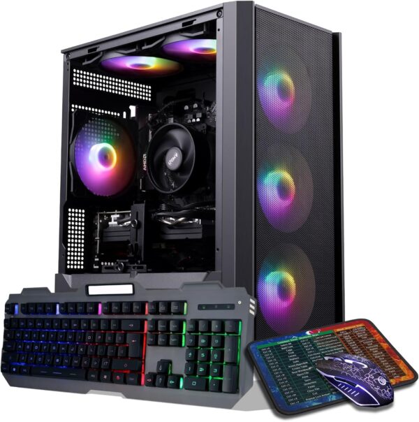 Gaming PC Desktop Computer, AMD Ryzen 5 5500 up to 4.2GHz, Radeon RX 590 8GB, 16G DDR4 RAM, 1TB NVME SSD, WiFi 5.0, Prebuilt Gaming PC Tower Computer with RGB Fan x 6